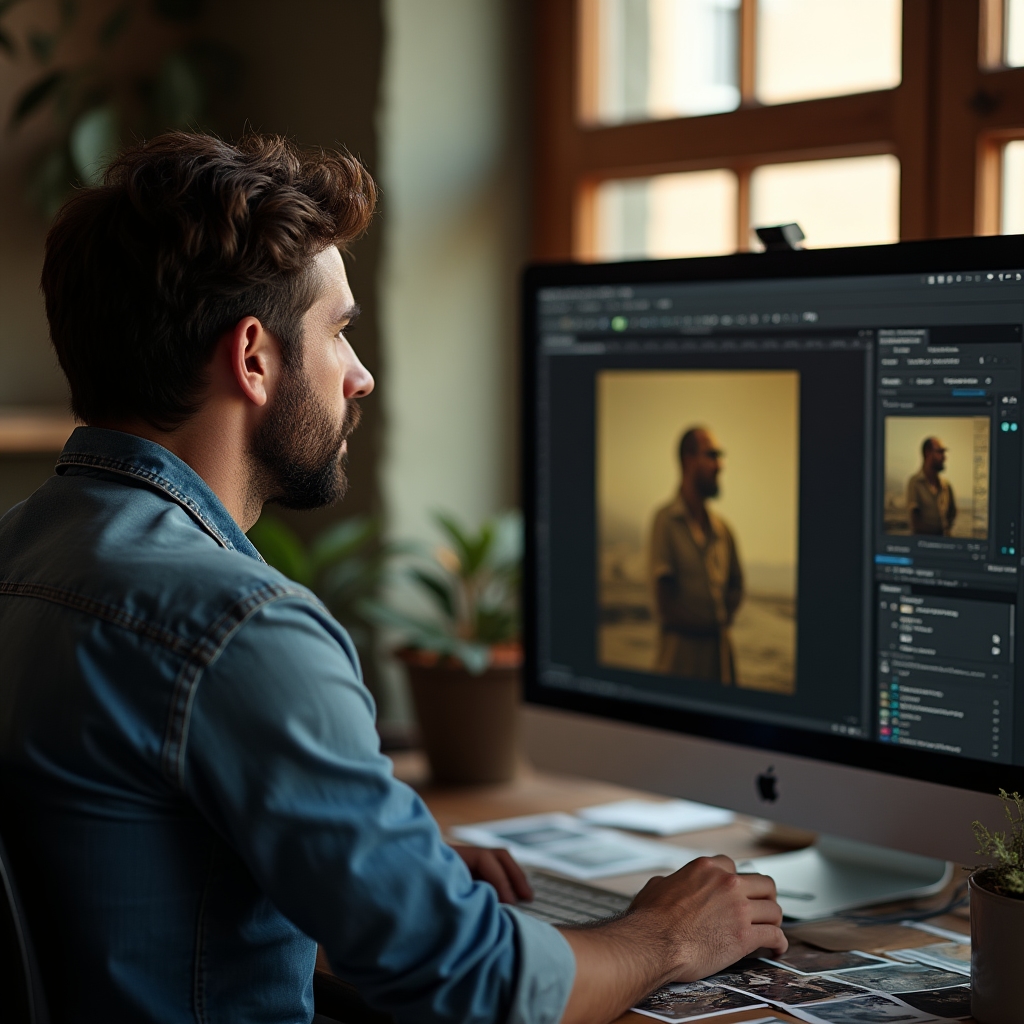 Schermo con software di correzione colore su una fotografia ingiallita in fase di restauro