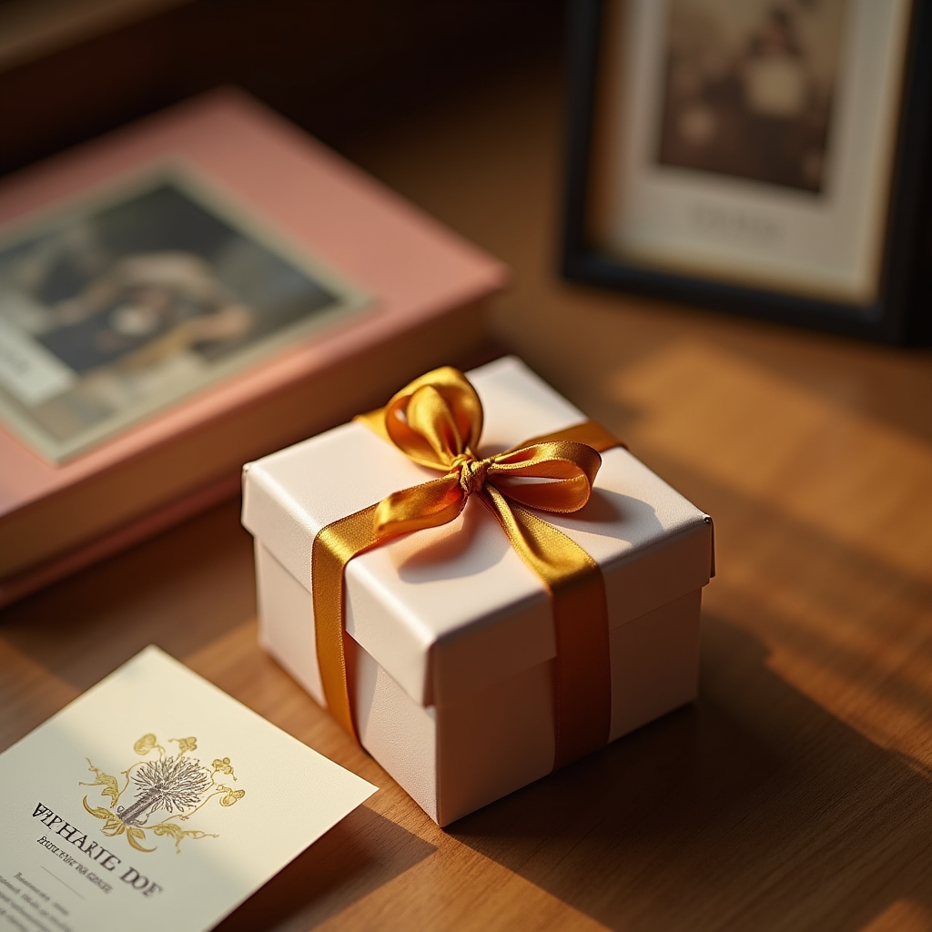 Confezione regalo con biglietto per il buono di restauro fotografico su sfondo caldo