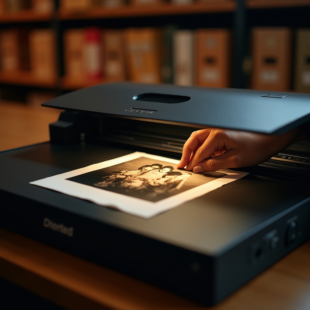 Primo piano di uno scanner professionale durante l'acquisizione di una fotografia