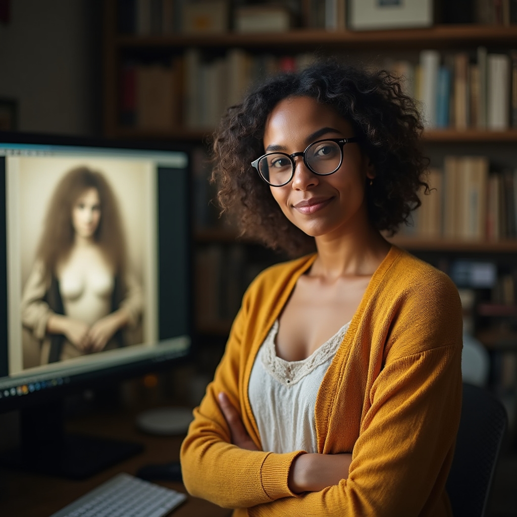 Ritratto di una restauratrice digitale al lavoro davanti a un monitor con una fotografia storica