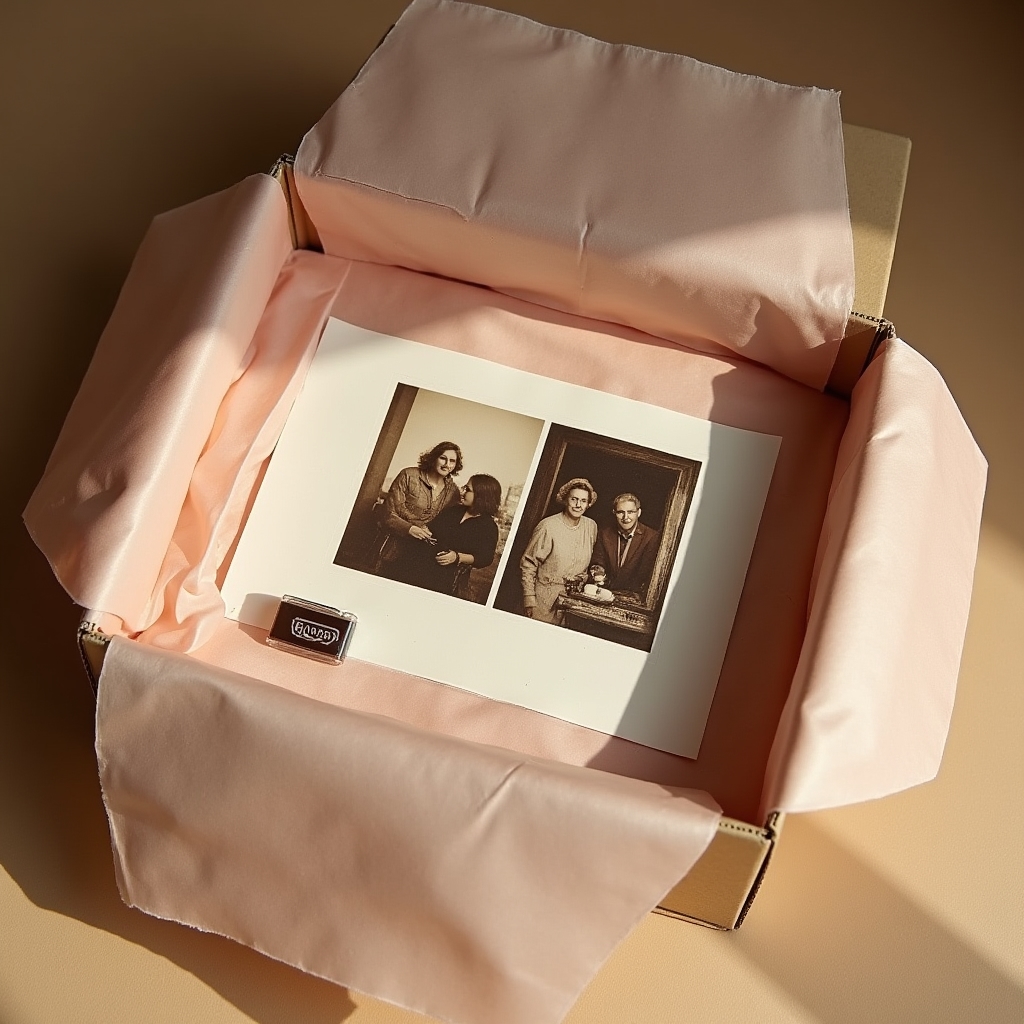 Pacco con stampa fotografica restaurata e chiavetta USB pronti per la spedizione